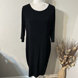 Travelers By Chico’s Black 3/4 Sleeve Midi Sheath Slinky Dress Scoop Neck Sz PL